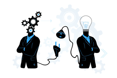 Concept of searching for  connecting to Idea. Businessman in black suite with gears thinking symbol instead of head connecting to another businessman with light bulb idea instead of head. Connection of thinking and idea on white background.の写真素材