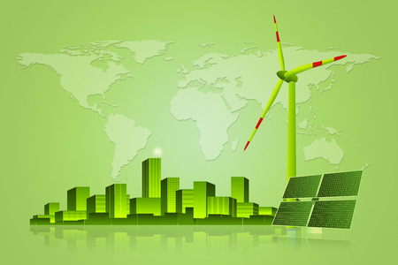 Concept of Solar Panel and Wind Turbine with Cityscape on the world map. Wind turbine and solar panel are representing new  clean  green energy energy of our future which powers the city and gives energy for energy powered objects.の写真素材