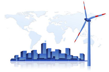 Concept of  Wind Turbine with Cityscape on the world map. Wind turbine is representing new  clean  green energy energy of our future which powers the city and gives energy for energy powered objects. In the background is map of the world symbol for world の写真素材