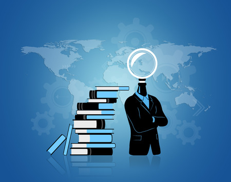 Concept of businessman thinking  searching for idea with world background. Businessman with search symbol instead of his head. Standing near a pile of books they represent data. Background is made from gears progressthinking and map of the world.の写真素材