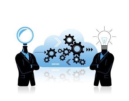Teamwork concept with two businessman "searching" and "idea" symbols. Solving problem concept with two businessman. First with search symbol instead of head second with " idea" symbol. Between is data cloud with progress  thinking  growth symbols.の写真素材
