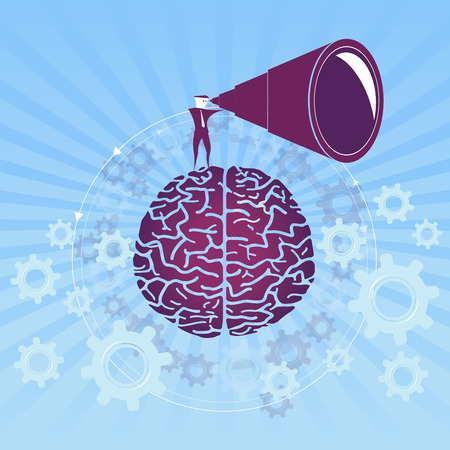 Search the Mind / Research the Brain to find the solution. Vector illustration with Brain and Blue Background.のイラスト素材