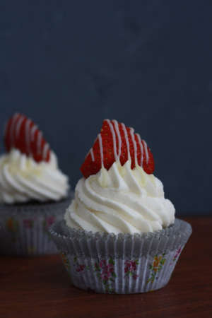 cupcake with strawberry, cupcake on gray backgroundの写真素材