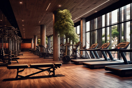 Fitness, empty gym and equipment for exercise, workout and sports for wellness. AI Generatedの素材