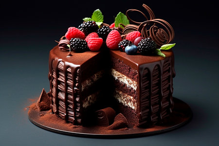 Chocolate cake on a black background. Generated AIの素材