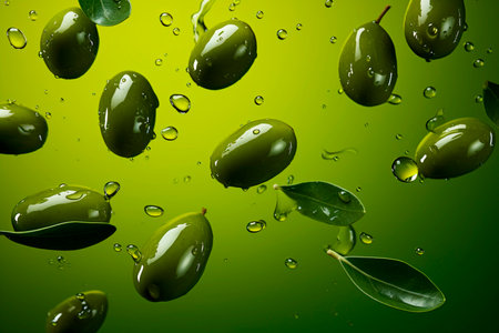Olives in olive oil  on a green background. Generated AIの素材