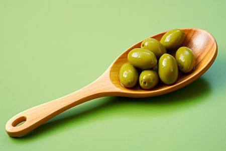 Olives in olive oil on a wooden spoon on a green background. Generated AIの素材