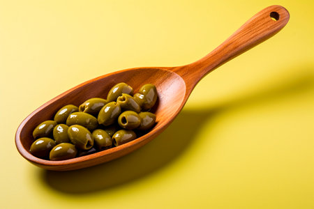 Olives in olive oil on a wooden spoon on a green background. Generated AIの素材