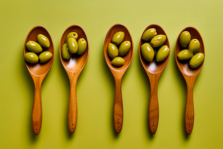 Olives in olive oil on a wooden spoon on a green background. Generated AIの素材