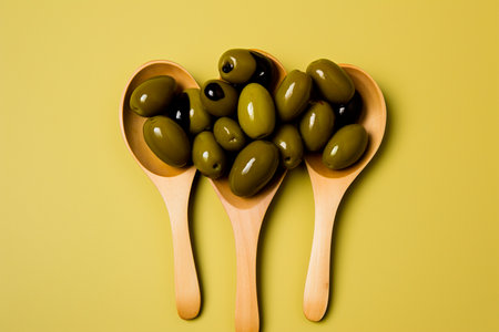 Olives in olive oil on a wooden spoon on a green background. Generated AIの素材