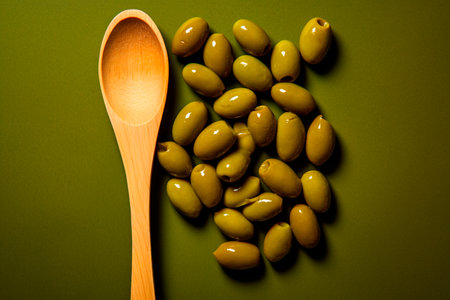 Olives in olive oil on a wooden spoon on a green background. Generated AIの素材