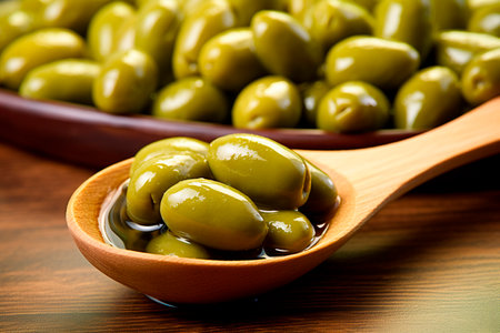 Olives in olive oil on a wooden spoon on a green background. Generated AIの素材