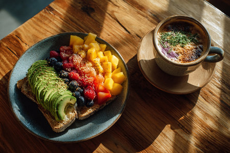 Healthy breakfast with toasts, avocado, mango, berries and coffeeの素材