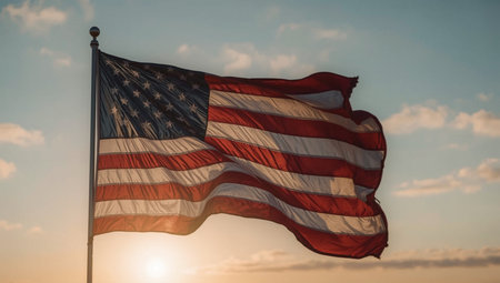 United States Flag Waving at Sunset â American Patriotic Symbol Against Sky Background.の素材