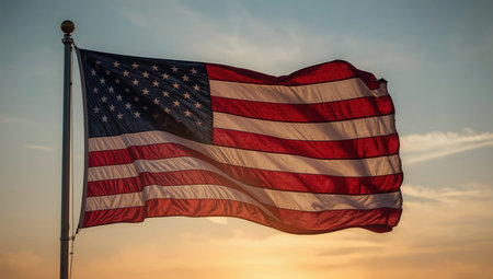 United States Flag Waving at Sunset â American Patriotic Symbol Against Sky Backgroundの素材