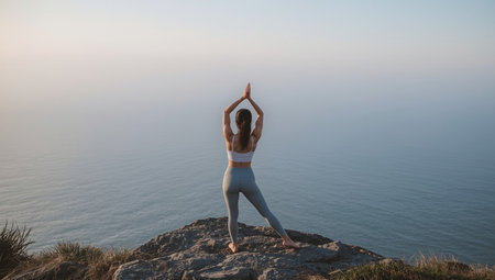 Young woman practicing yoga on the top of a mountain in the morningの素材