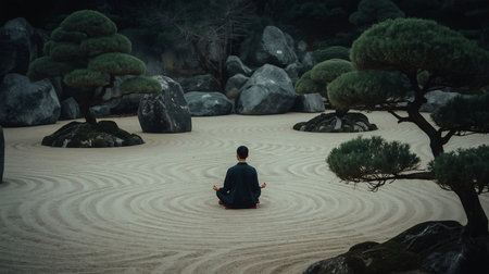Man meditating on the sand in Japanese zen gardenの素材