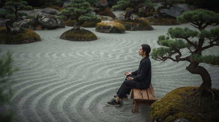 Japanese woman sitting on a bench in a Japanese garden looking at the landscapeの素材