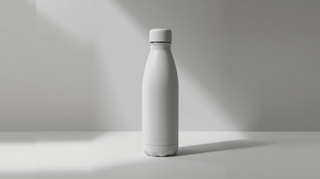 Reusable white water bottle in minimalist eco lifestyle design with clean modern backgroundの素材