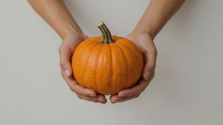 Hands holding autumn pumpkin with warm beige background for seasonal harvest conceptの素材