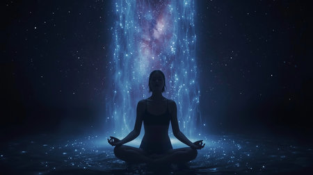 Woman meditating in the lotus position on a background of milky wayの素材
