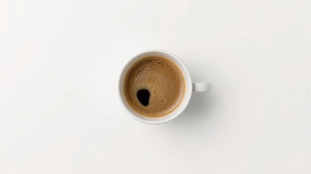 Top view of a cup of coffee on a white background with copy spaceの素材