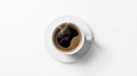 Cup of coffee on white background, top view, copy spaceの素材