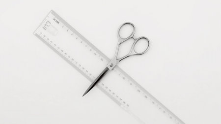 Scissors and ruler isolated on white background. 3d illustration.の素材