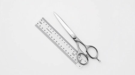 Scissors and ruler isolated on a white background. Top view.の素材