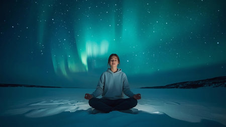 Woman meditating in lotus position on snow with aurora borealisの素材