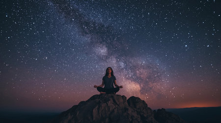 Woman meditating on the top of a mountain in the starry skyの素材