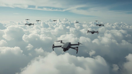 drone flying in the blue sky and white clouds, 3d illustrationの素材