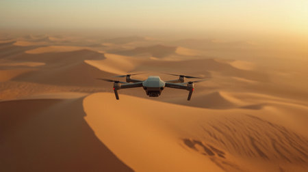 Drone flying over the Sahara desert. 3D rendering illustration.の素材