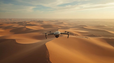 Drone flying over the Sahara desert, 3d render illustration.の素材