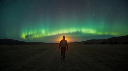 Man with backpack walking towards aurora borealis in the night skyの素材