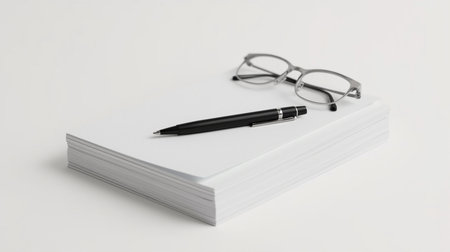 Pen, glasses and notebook on a white background. Business concept.の素材