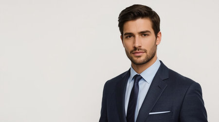 Handsome young businessman looking at camera while standing against white backgroundの素材