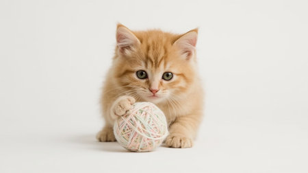 Ginger kitten plays with a ball of yarn on a white backgroundの素材