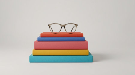 Books and eyeglasses on a white background. Education concept.の素材