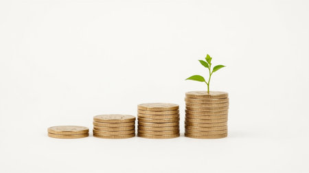 Investment concept, Coins stack with green plant growing on white backgroundの素材