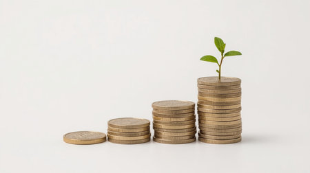 Investment concept, Coins stack with green plant growing on white backgroundの素材