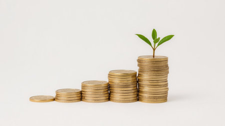 Gold coins stack with green plant on white background, saving money conceptの素材