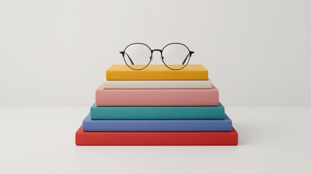 Stack of colorful books with eyeglasses on white background. Education conceptの素材