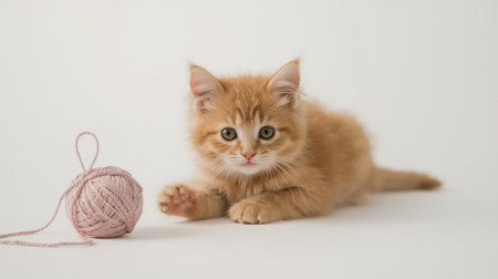 Cute ginger kitten playing with a ball of yarn on white backgroundの素材
