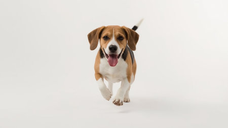 Portrait of a cute beagle dog jumping against white background.の素材