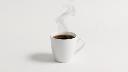Cup of coffee on a white background with smoke. Close-up.の素材