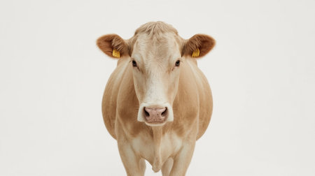 Portrait of a brown cow on a white background in the studioの素材