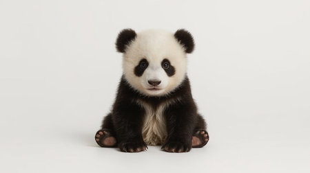 Cute panda sitting on a white background. Studio shot.の素材