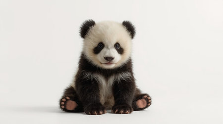 Cute baby panda sitting on white background, studio shot.の素材