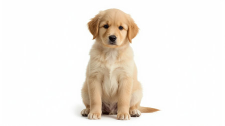 Studio shot of a Golden Retriever puppy sitting on white background.の素材